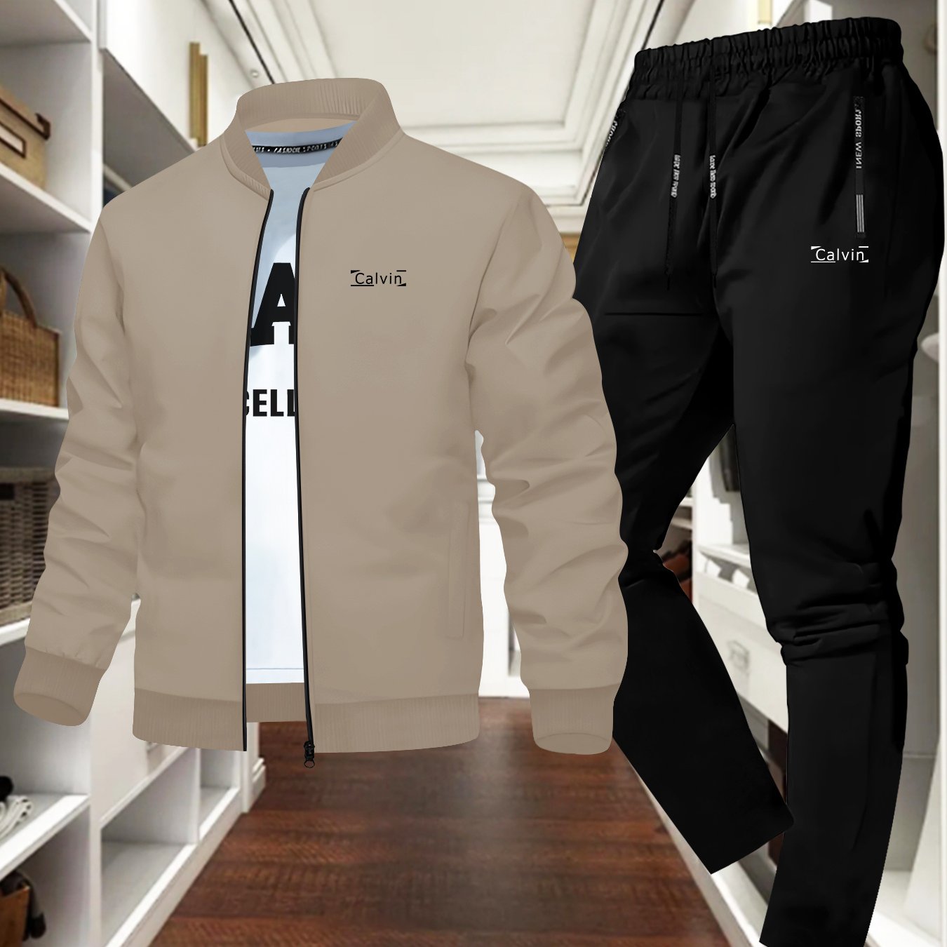 Men's New Calm and Stylish "" Print Jacket Shirt Set, Autumn-Winter Classic Trendy Versatile Two-Piece Outfit