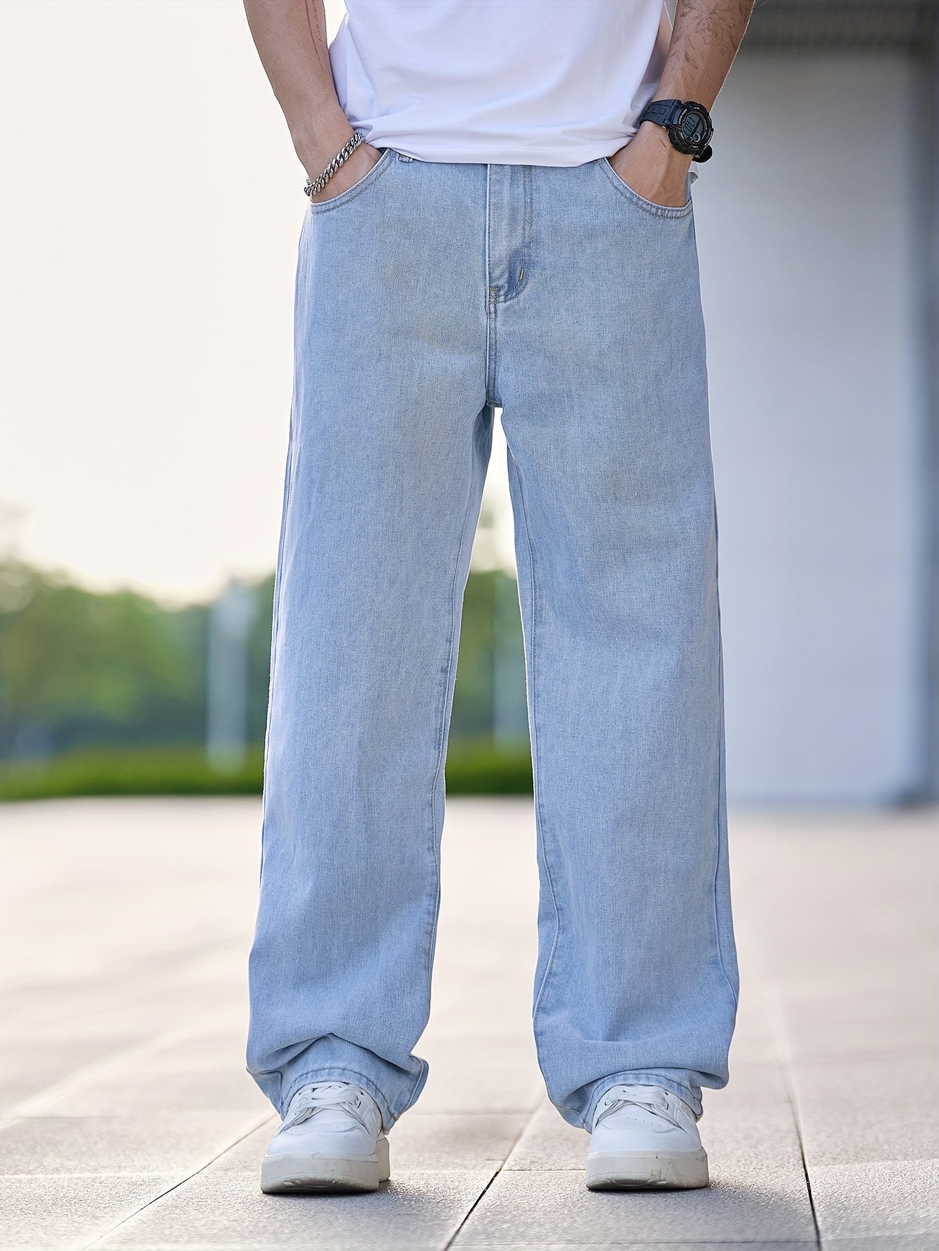 Men's Relaxed Fit Light Blue Denim Jeans - Casual Straight Leg Blend Pants, Machine Washable, Comfortable for Casual Attire, Casual Wear Jeans | Relaxed Fit Jeans | Blend Denim