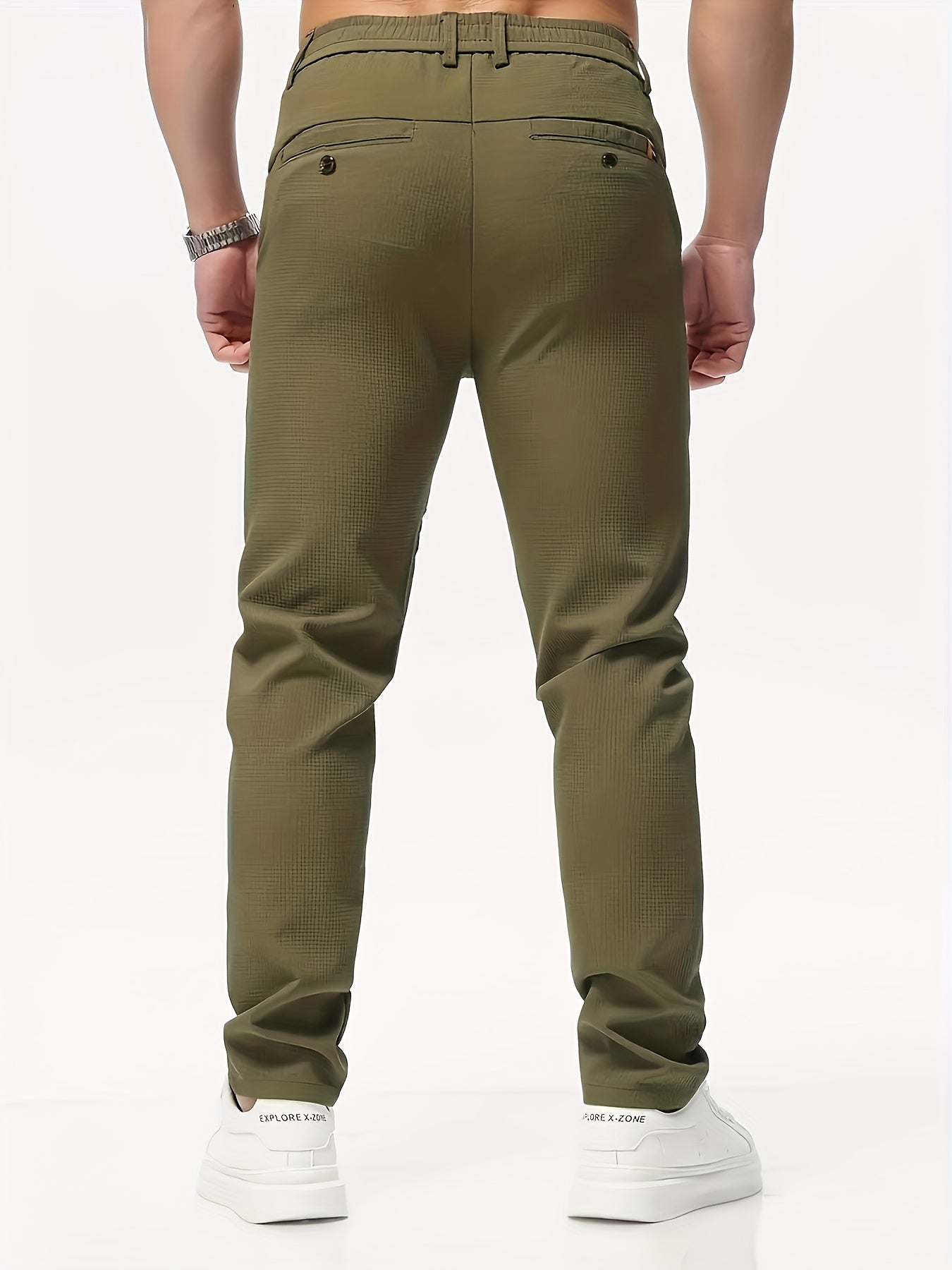 Men's Casual Solid Color Pants - Polyester, Machine Washable, Button Detail, Regular Fit for All Seasons