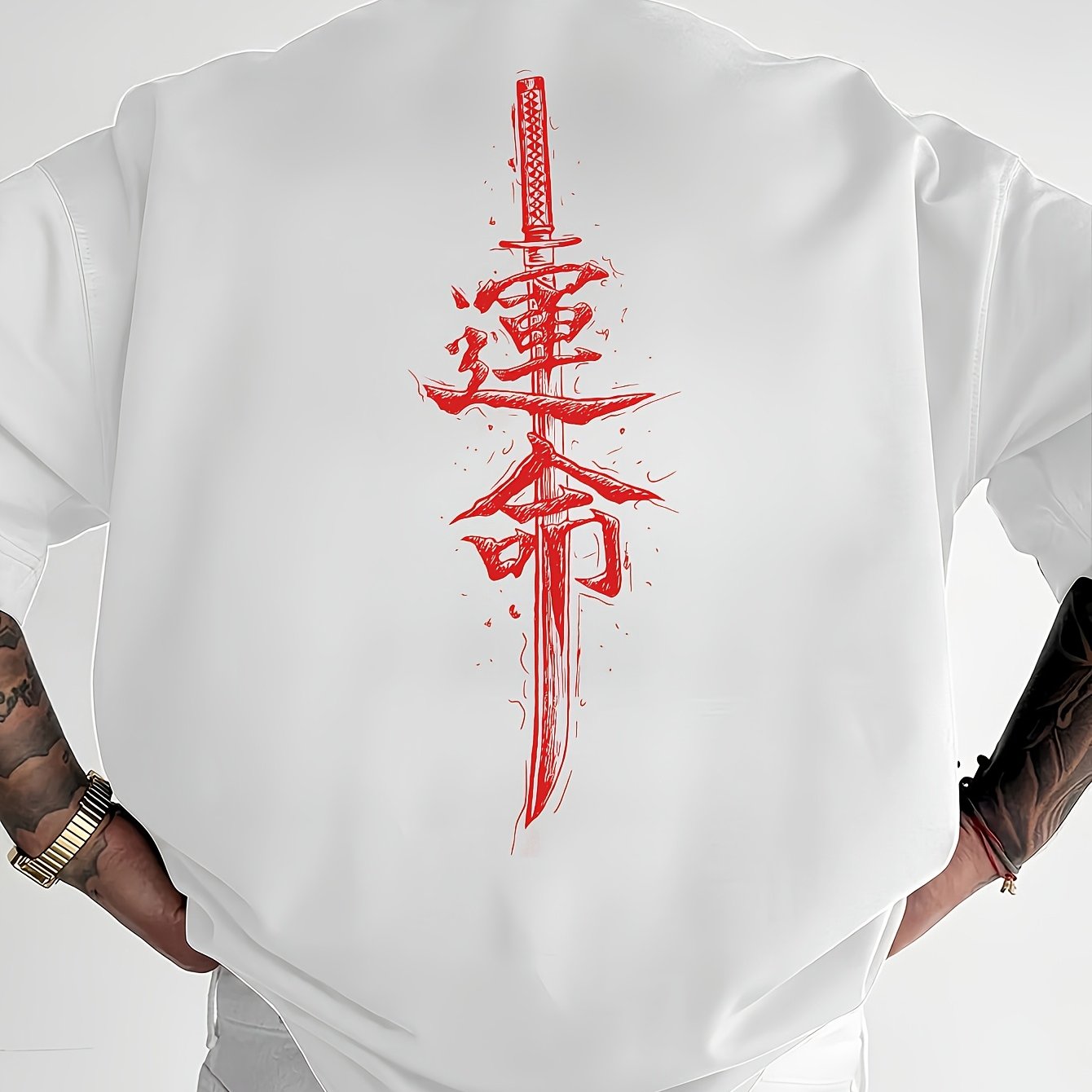 Men'S Japanese Samurai Sword Graphic T-Shirt - Casual Loose Fit Crew Neck, Short Sleeve Tee with Red Stylized Japanese Katanas Design, Breathable Polyester for Spring & Summer Outdoor Wear