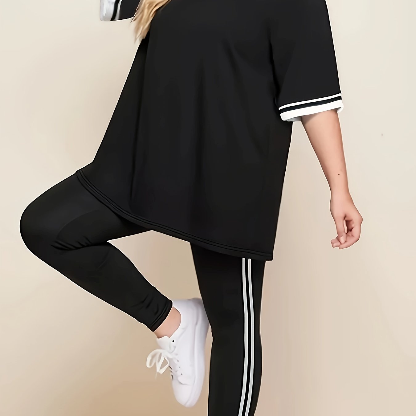 Women'S Plus Size Casual Lounge Set - Gray & White Striped Oversized T-Shirt with Matching Joggers, Comfortable All-Season Home Outfit, Joggers for Women