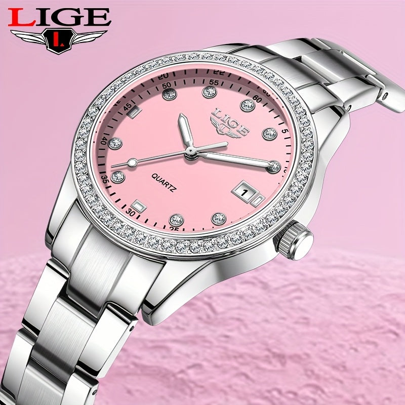 Elegant Pink Women'S Watch - LIGE Quartz Chronograph with Stainless Steel Band, Rhinestone Accents, Date Display & Heart Rate Monitor - Ideal Mother'S Day Gift, Gift for Women | Elegant Timepiece | Quartz Movement, LIGE