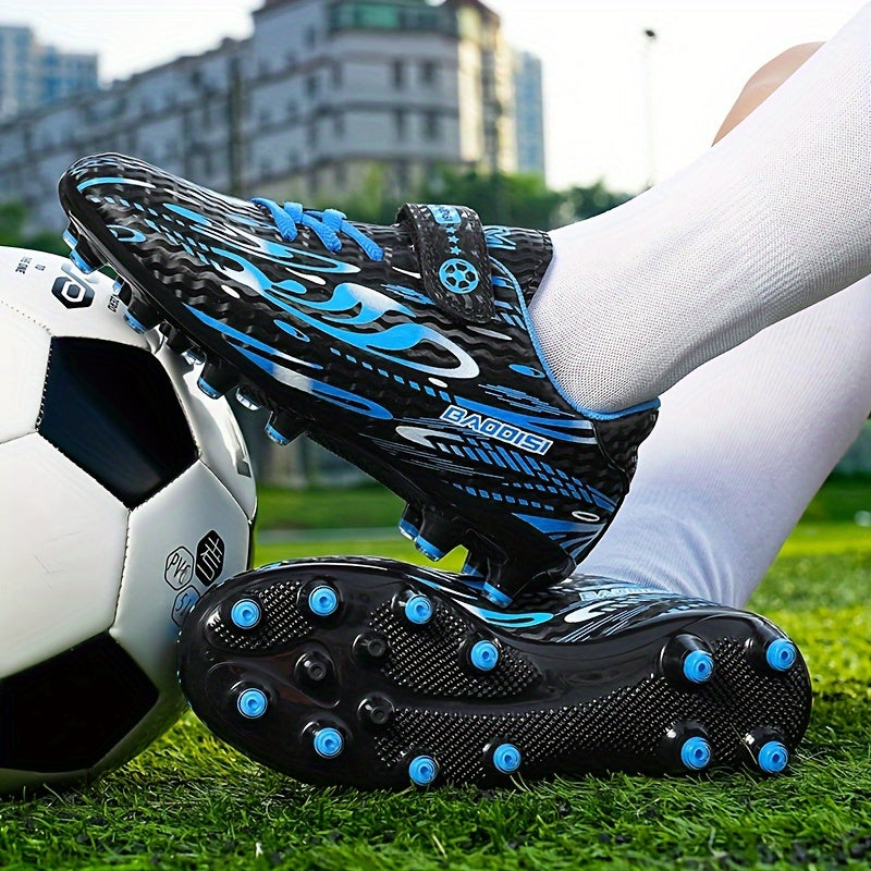Boys' and Girls' Black and Blue Soccer Cleats with "BAGGIES" Logo - Lightweight, Breathable, Round Toe, Easy Closure, Rubber Base for Outdoor Football, Soccer Boots|Stylish Soccer Shoes|Easy Closure