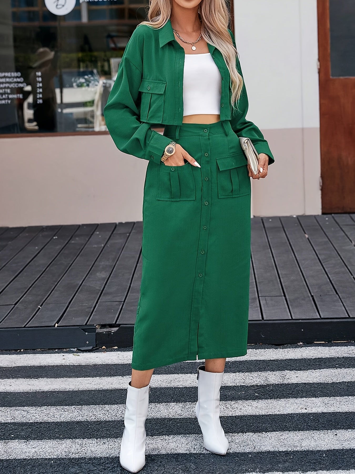 Solid Color Button Elegant Set, Crop Long Sleeve Shirt & Split Hem Midi Skirt, Women's Clothing