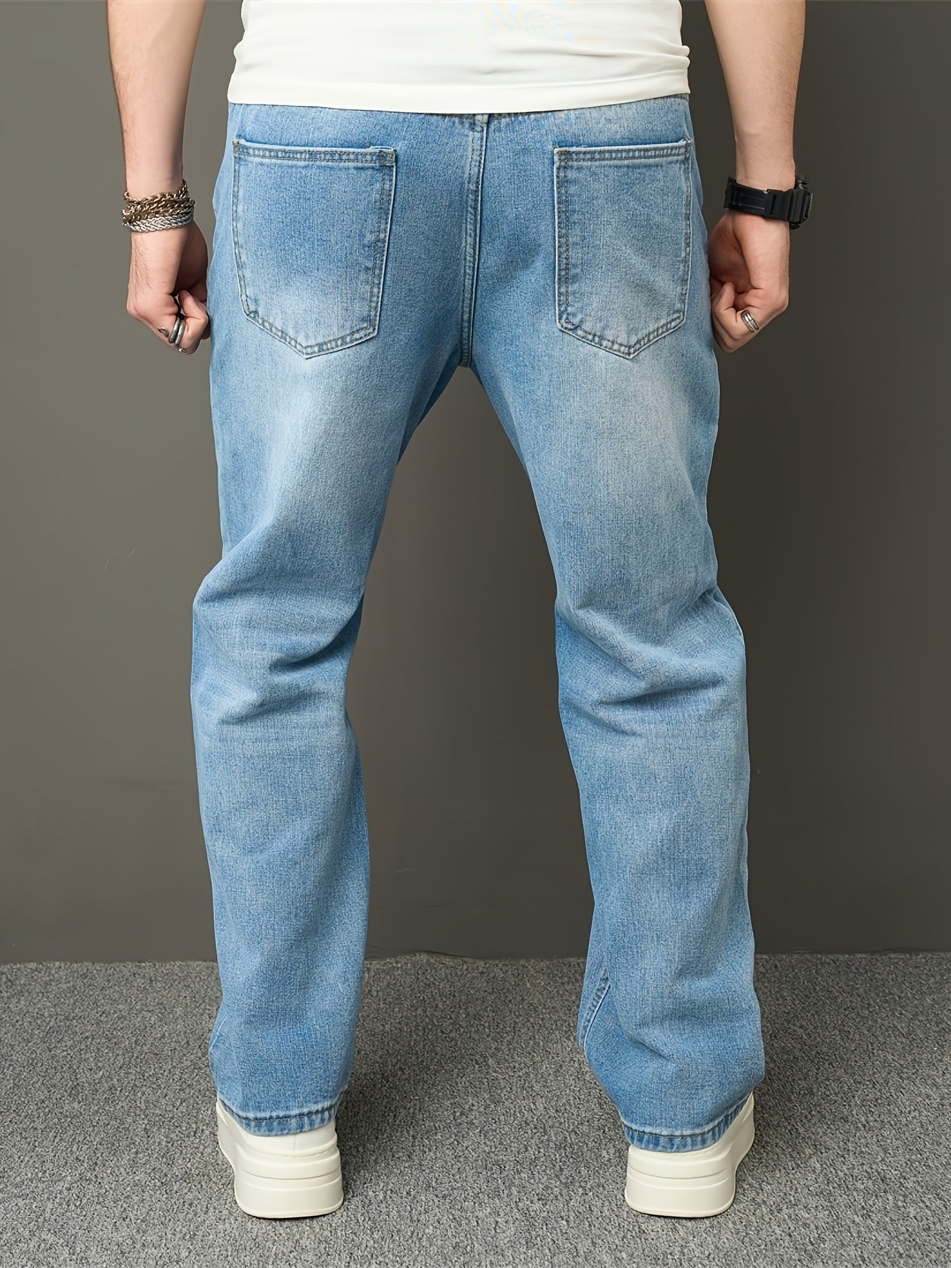 Men's High Street Fashion Solid Color Loose-Fit Denim Jeans, Casual Straight Leg Pants with Raw Wash Detail, Non-Stretch Fabric, All-Season Basic Style, Allseason Jeans | Classic Blue Jeans | Durable Jeans Construction