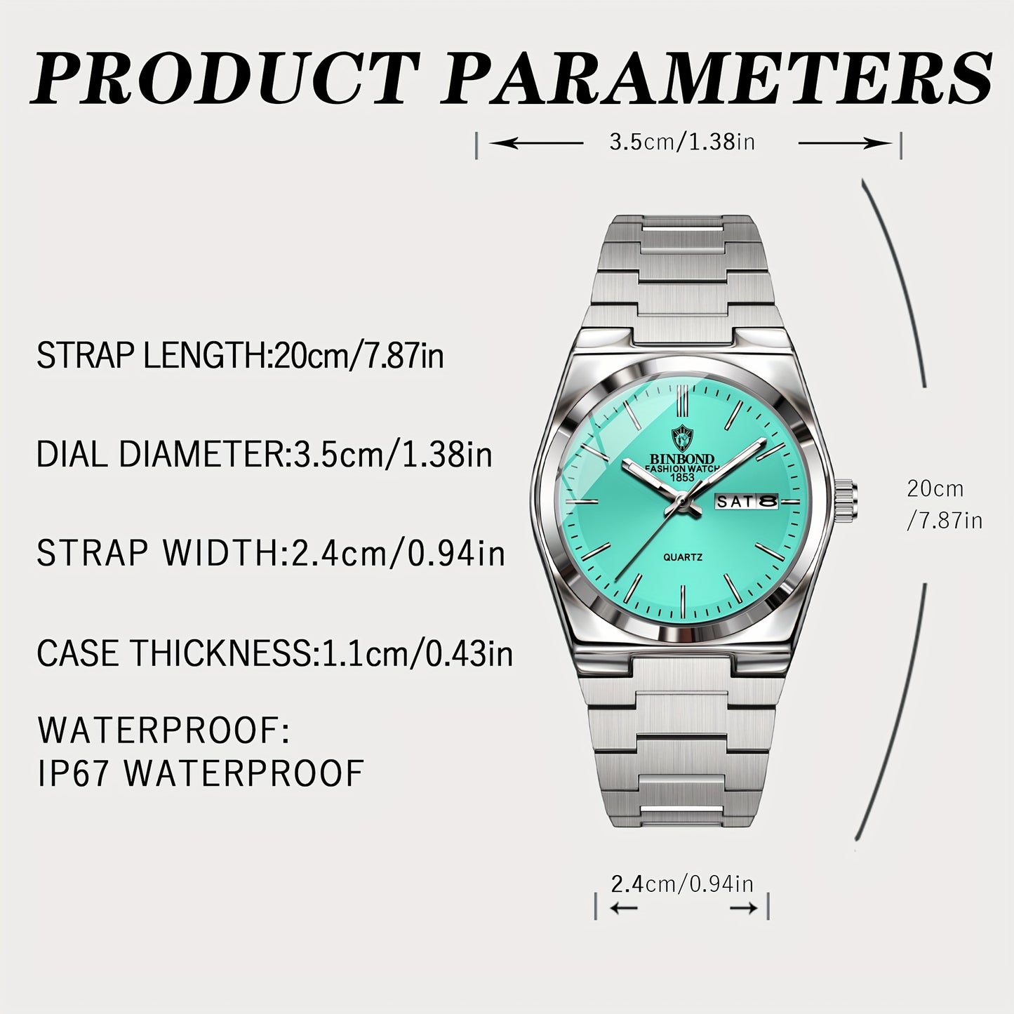 BINBOND Women's Elegant Quartz Watch, Stainless Steel Band, Aqua Green Dial, Date Display, IP67 Rated, Zinc Alloy Case, Perfect for Business or Casual Wear, Casual Wristwatch | Luxury Fashion Accessory | Sophisticated Aesthet