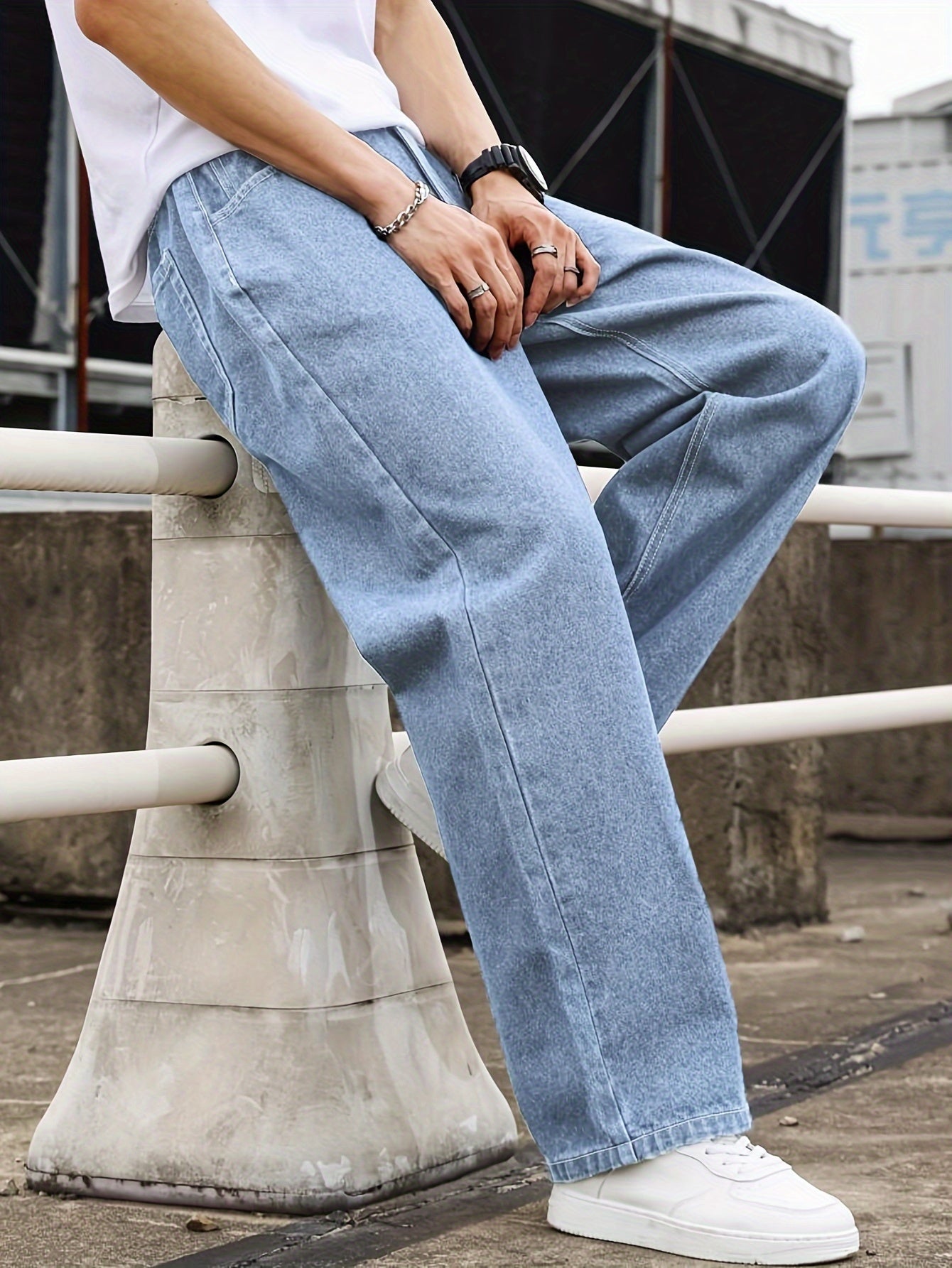 Men'S Loose-Fit Jeans, Cotton Blend Street Style Denim Pants, Non-Stretch Solid Color, Regular Length, with Multiple Pockets for All-Season Wear
