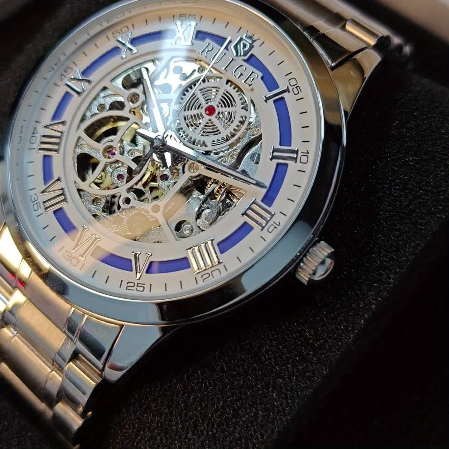 Dianpai Men'S Luxury Automatic Mechanical Watch - Skeleton Design, Stainless Steel Strap, Blue & White Dial, Mechanical Movement, Ideal for Christmas, Thanksgiving, and Spring Festival, Without Battery