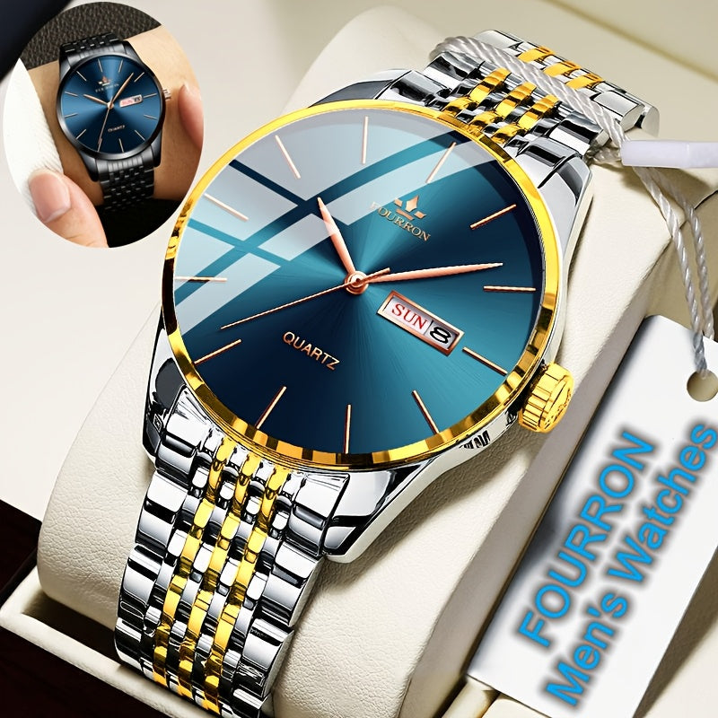 An Ideal Choice For A New FOURRON Brand Men's Luxury Stainless Steel Strap Simple Dial Quartz Watch With Date Calendar, Trendy Fashion Sports Casual Lifestyle Travel Multi-function Watch, Ideal For Friends' Birthdays, Holiday