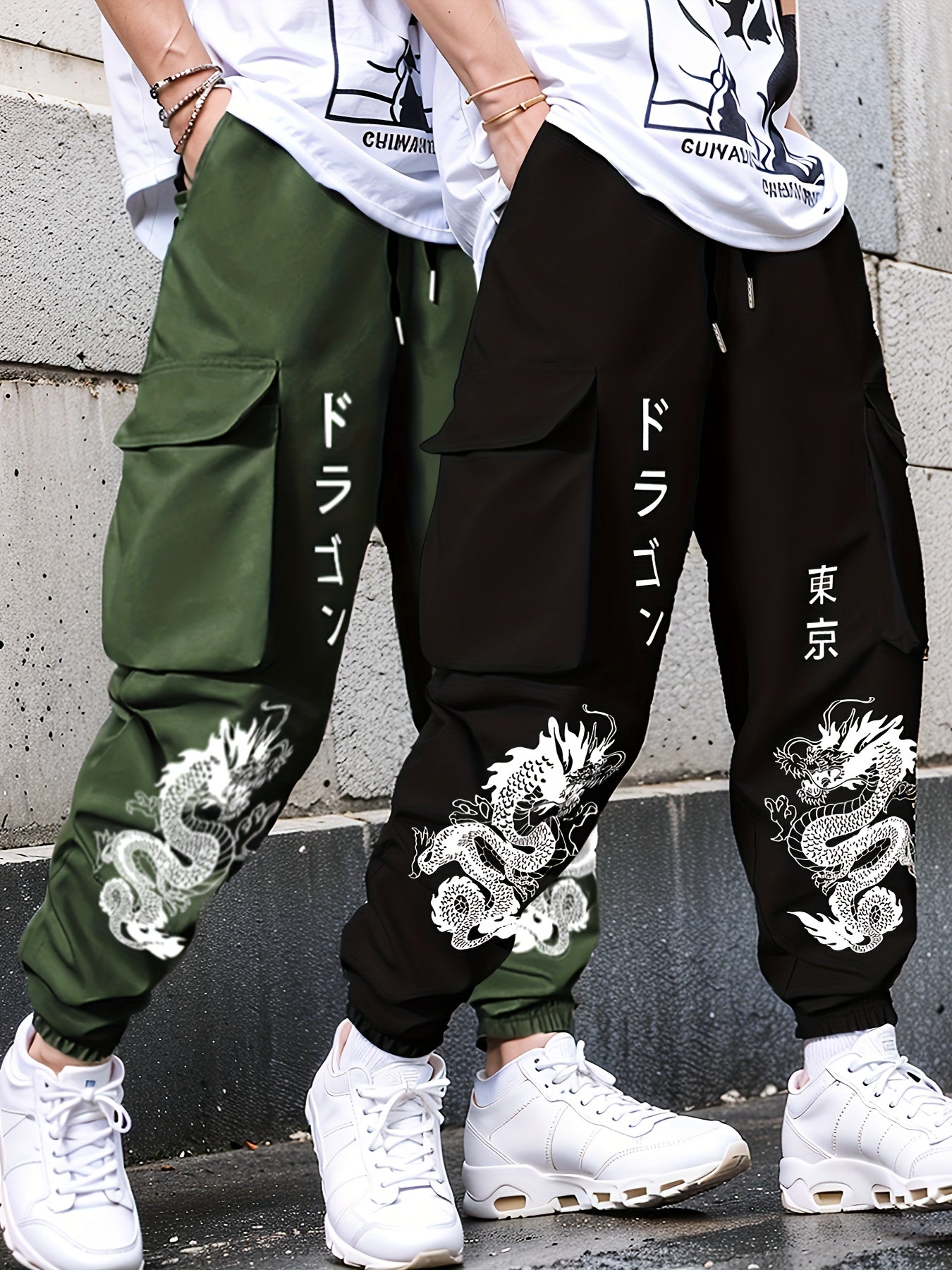 2pcs set Men's casual large pocket overalls elastic waist drawstring printed flower pants for spring and autumn season, for Autumn, Spring