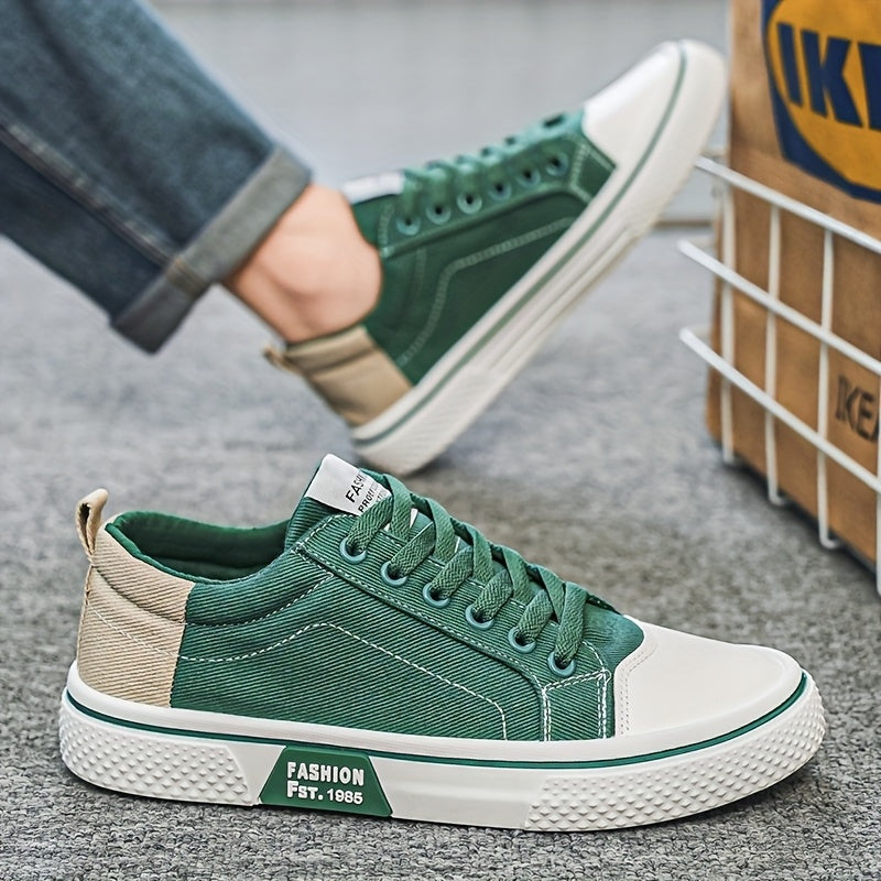 Men's Breathable Canvas Sneakers - Low-Top Lace-Up Skate Shoes, Fashionable Casual & Sporty Design with Green & Beige Color Block, Non-Slip PVC Sole for Casual Attire, Outdoor Sneakers | Laceup Closure | Stylish Lowtops