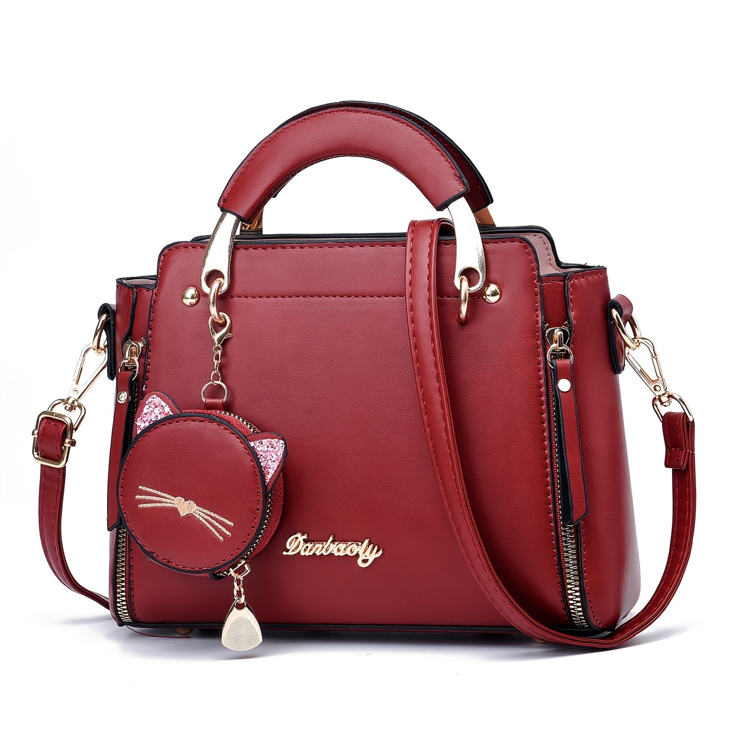 Women'S Fashion Cat Head Handbag, 2025 Trendy Shoulder Bag with Zipper Closure, Polyester Lined, Painted Edges, Versatile Solid Color - White, Red, Black, Pink, Khaki, Grey, Blue, Green, Purple, Light Blue