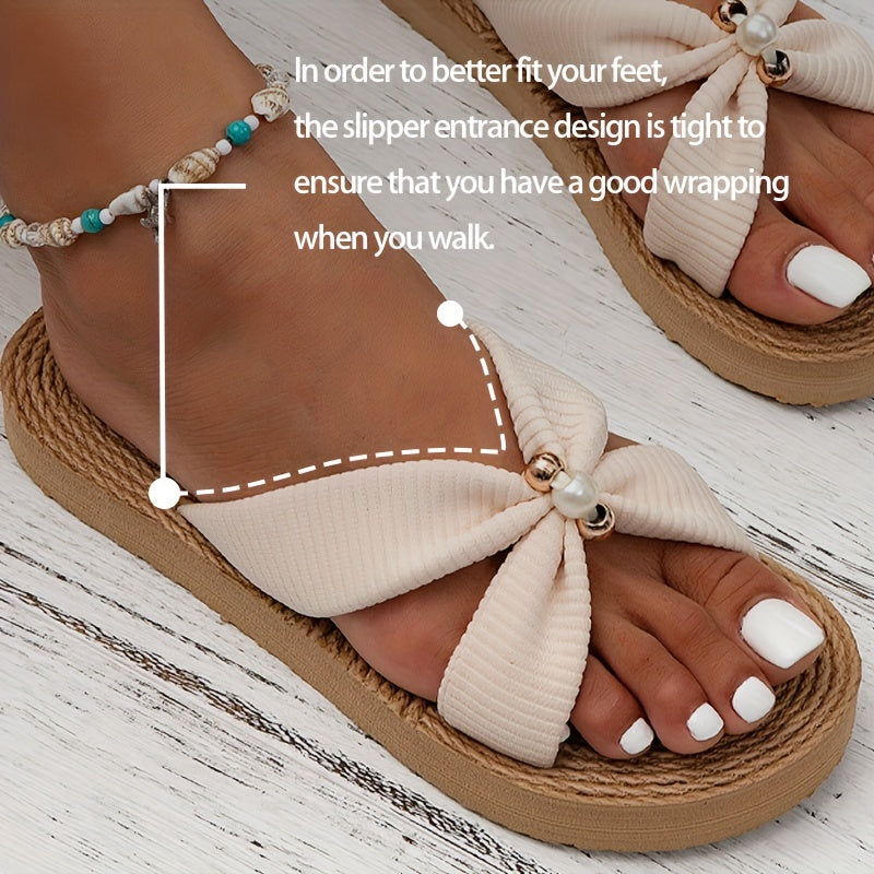 Women'S Beige Jewel Embroidery Flat Sandals - Lightweight, Comfortable Slip-On Beach Shoes with EVA Sole and Fabric Upper, Open Toe Design, Perfect for Summer, Beach Footwear|Decorative Sandals|Eva Sole Sandals