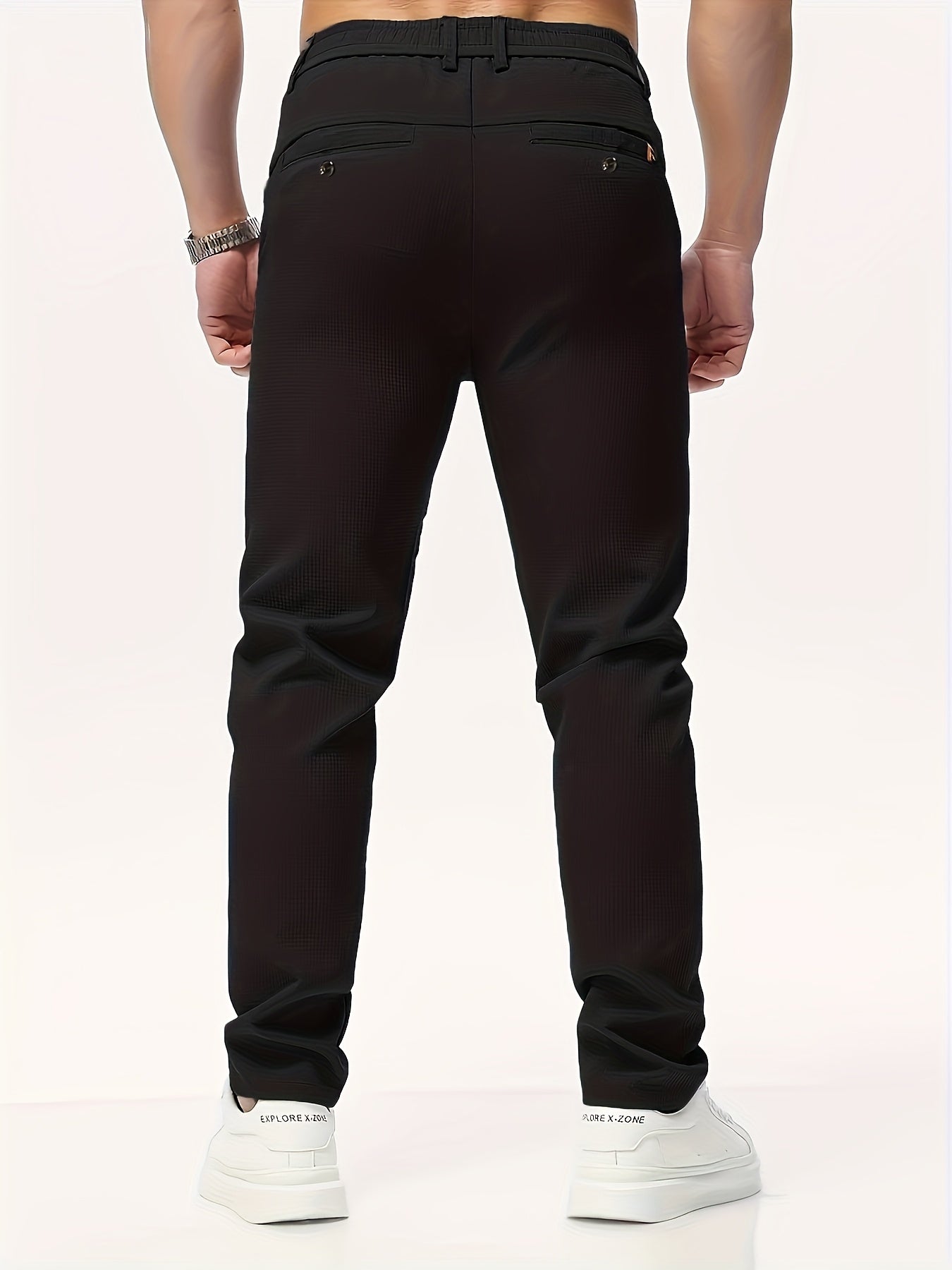 Men's Casual Solid Color Pants - Polyester, Machine Washable, Button Detail, Regular Fit for All Seasons