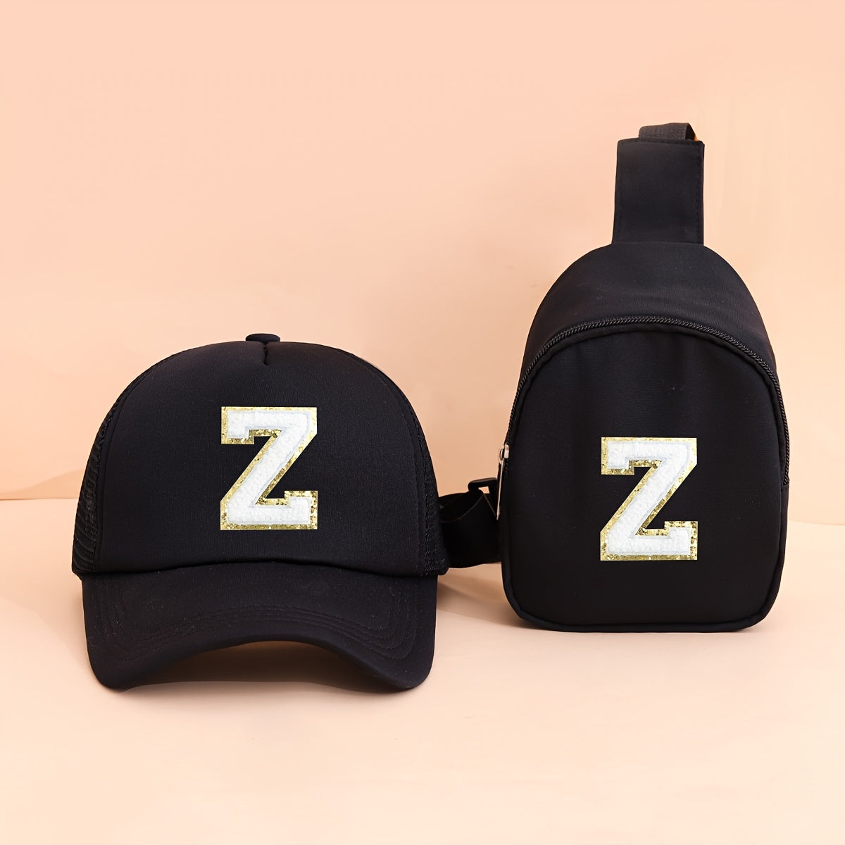 2pcs Kids' Printed Alphabet Pattern Set, Includes 1 Black Stylish Breathable Trucker Hat and 1 Black Crossbody Bag, Lightweight Sun Hat with Small Coin Purse, Suitable for Boys and Girls Aged 5-10 for Daily Outings and Back-t
