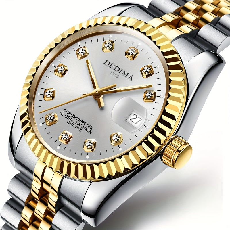 DEDIMA Elegant Stainless Steel Band Calendar Watch, Quartz Movement, Round Dial with Rhinestones, Battery-Powered, Non-Rechargeable Button Battery, Regular Cleaning, for Men, Women, Students, Christmas, Valentine'S Day, Thank