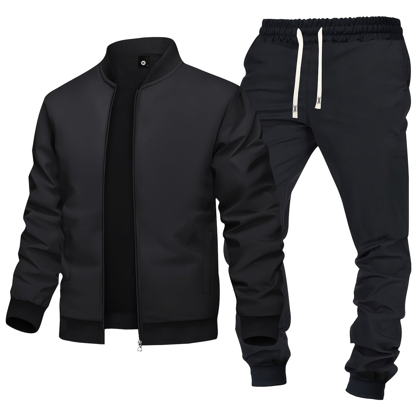 Men's Spring/Fall Casual Zip-Up Jacket & Drawstring Sweatpants Set in Olive Green & Black - Durable Polyester, Machine Washable, with Pockets for Everyday Style