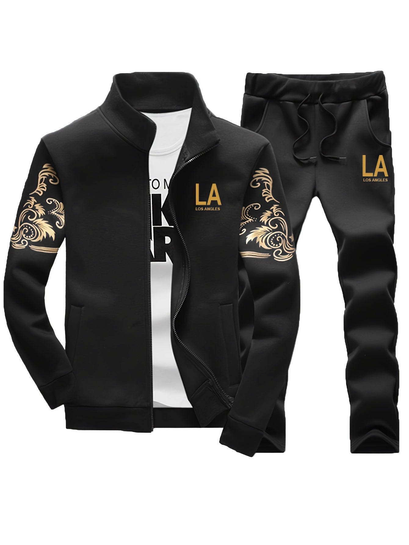 Men's Casual 2-Piece Outfit, Stylish Printed Full Zip Jacket & Drawstring Pants, Casual Sportswear Suit