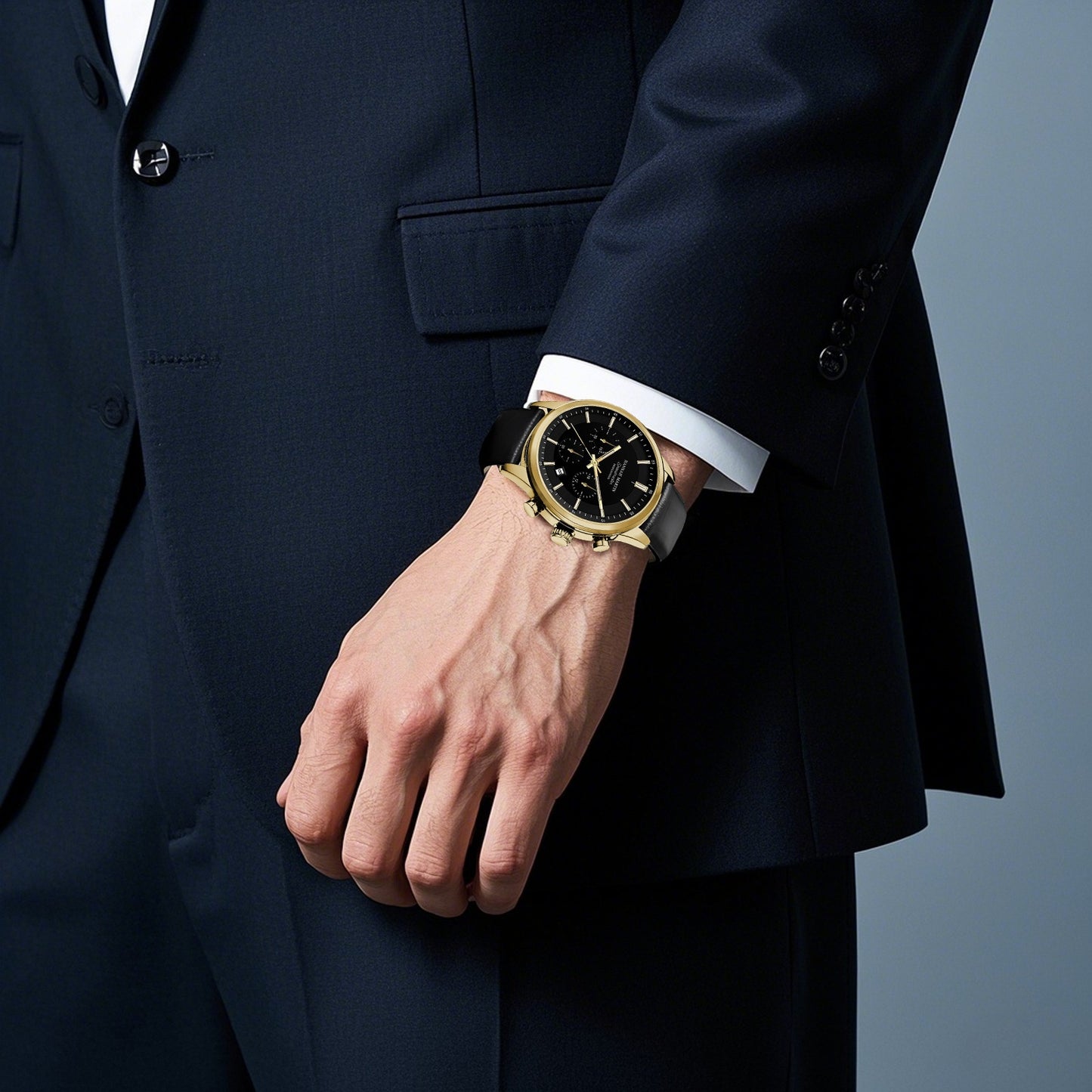 HANNAH MARTIN Men's 2025 Business Chronograph Watch - Black Arabic Numeral & Bar Markers, Date/Second Time Zone, Quartz Movement, Faux Leather Strap, High Quality 30m, Casual & Formal Watch for Casual Attire, Versatile Timepi