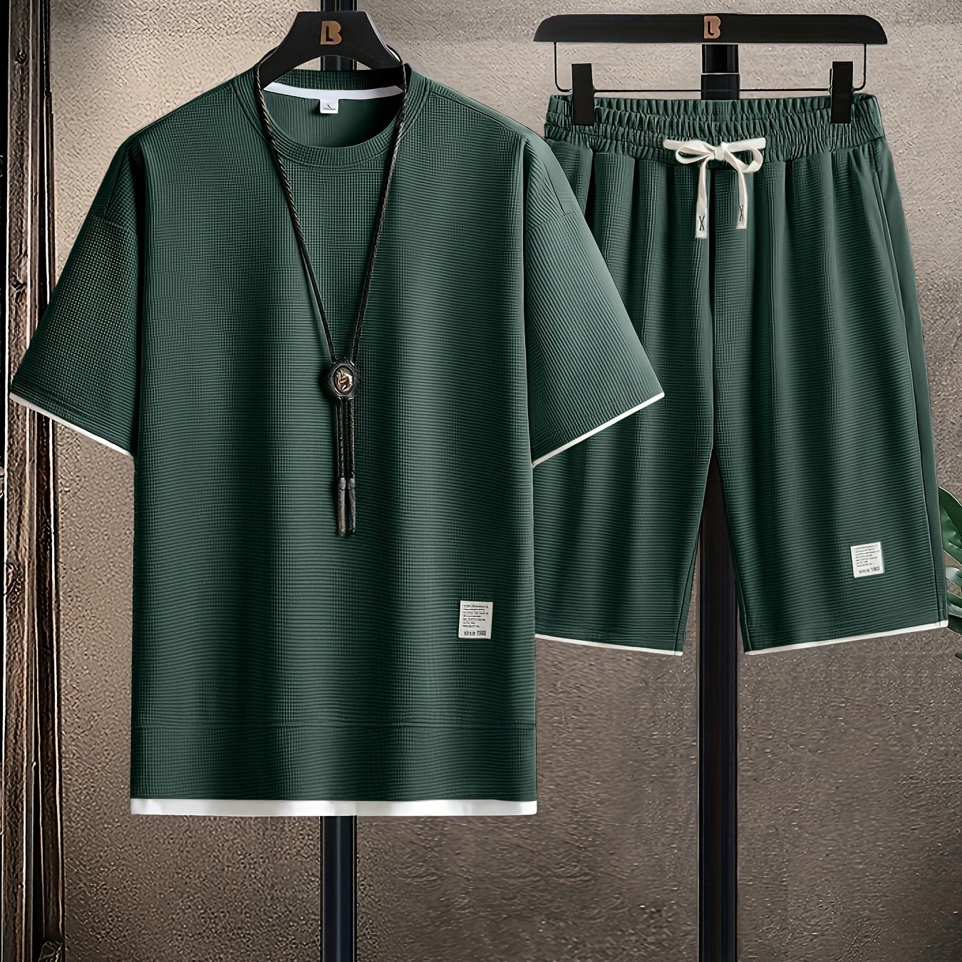 Waffle Grid Men's Trendy Round Neck T-shirt Breathable Casual Sports Suit Loose Two-Piece Set