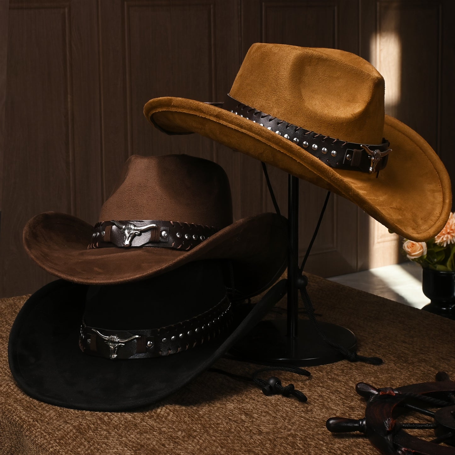 Western Cowboy Hats for Men And Women, Classic Faux Suede with Metal Studs And Bull Pattern, Lightweight Unisex Festival Occasion Hat, Woven Inelastic Polyester with Decorative Accessories, No Feather, Non-Washable