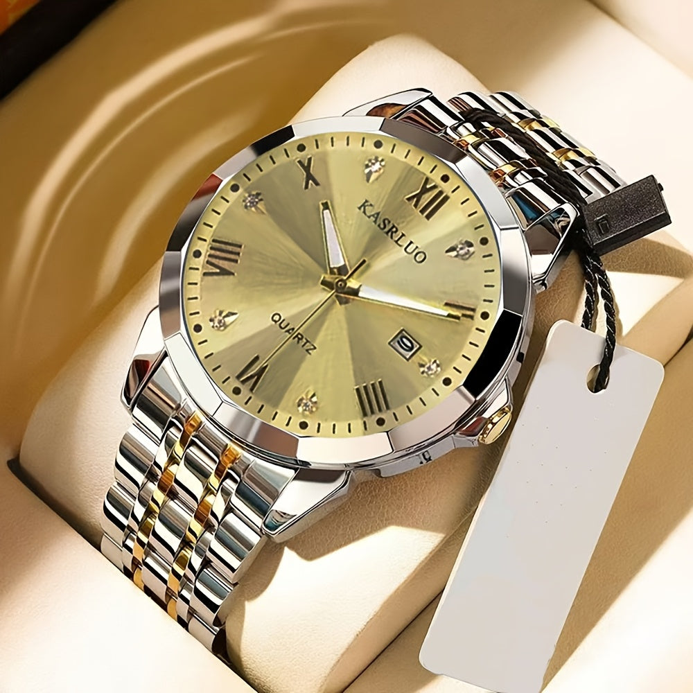 KASRLUO Men's Elegant Stainless Steel Watch with Crystal Roman Numerals & Date Display - Business Style, Quartz Movement