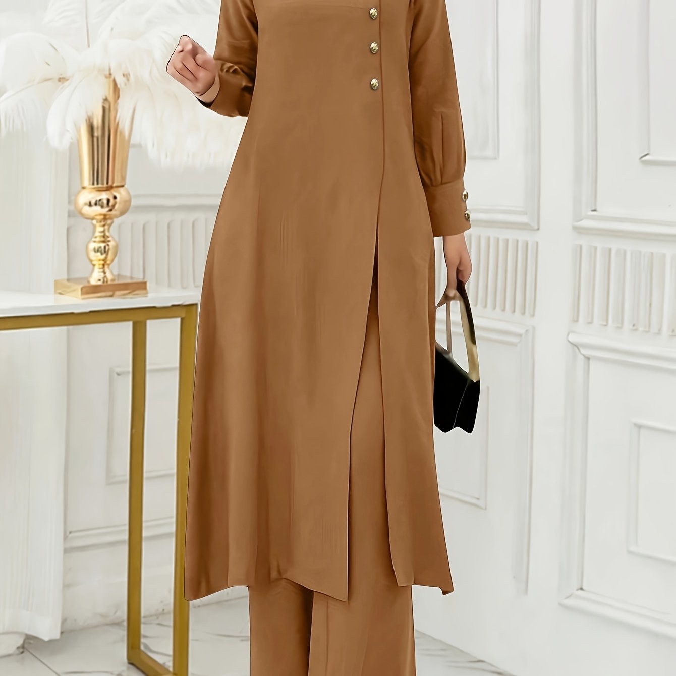Ramadan, Women's Front-Button Long Sleeve Slit Dress & Pants Casual Arabic Style 2pcs Set, Only Clothes, Without Headscarf