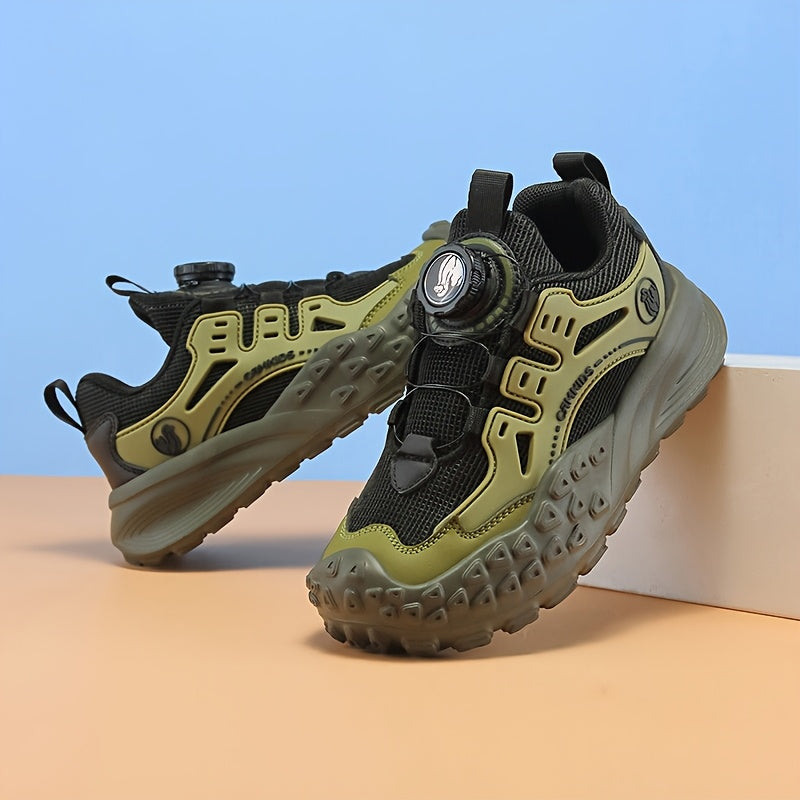 Boys' Breathable Mesh Sneakers with Rotating Button Closure - Lightweight EVA Sole, Durable PU & Fabric Upper, All-Season Outdoor Hiking Shoes for (Black/Green/Red Accents)