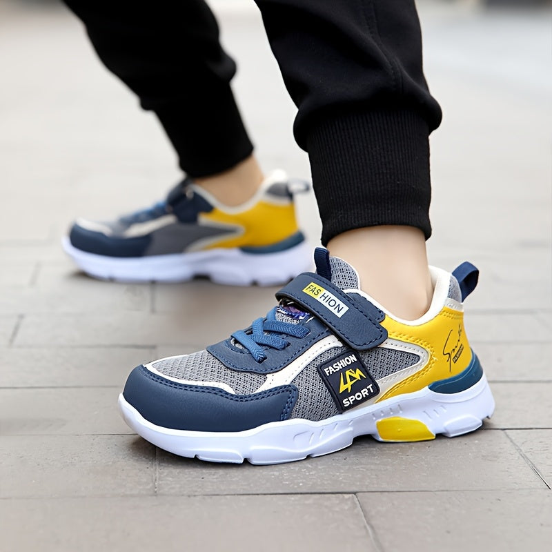Kids' Low-Top Outdoor Sports Shoes with Closure - Breathable Mesh & Upper, EVA Cushioned Sole for Hiking Running Basketball - Grey/Yellow/Blue Colorway, All-Season Boys & Girls Sneakers, Kids Hiking Gear, Durable Kids Footwea