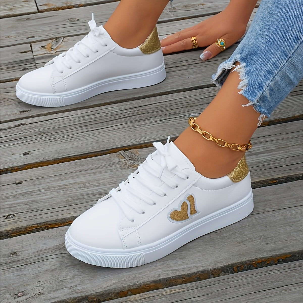 Women'S White Faux Cover Casual Sneakers - Low-Top Lace-Up Shoes with Heart Design, Rubber Sole, All-Season Comfort, Casual Footwear | Heart Detail Shoes | Synthetic Cover Sneaker