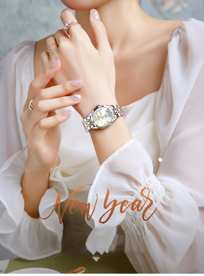 DEDIMA Women'S Luxury Stainless Steel Watch - Elegant Rhombus Design with Roman Numerals, Double Calendar, and Multifunctional Steel Strap
