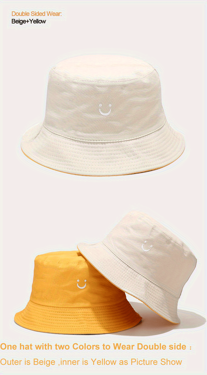 Unisex Black & White Fisherman Hat with joyful Face Embroidery - Double-Sided, Sporty Polyester Bucket Hat for Men and Women, Ideal for Outdoor Activities, Outdoor Hat | joyful Face Embroidery | Durable Headgear