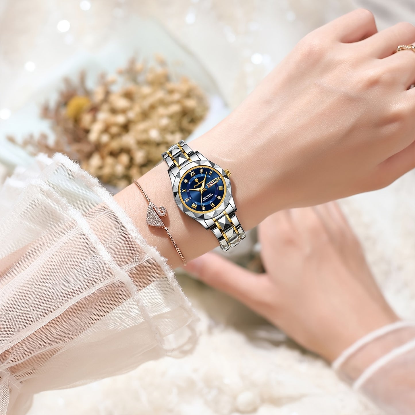 POEDAGAR Women's Elegant Stainless Steel Quartz Watch with Luminous Blue Dial, Roman Numerals, Date Calendar, IPX7 High Quality & -Accented Band for Casual & Formal Wear