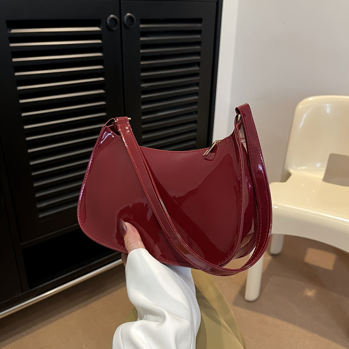 Trendy Glossy Shoulder Bag, Women Patent PU Leather Handbag, Simple Solid Color Underarm Purse