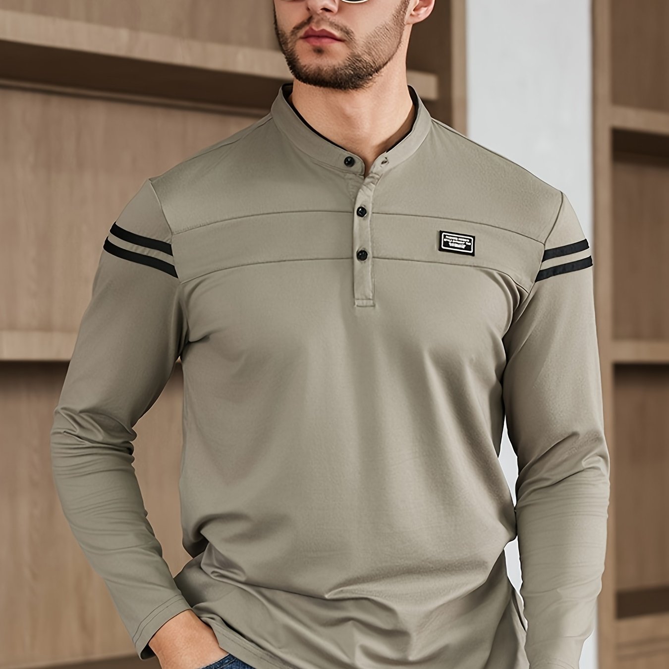 Men'S Casual Long Sleeve T-Shirt - Solid Color with Stand Collar & Stripe Polo, Button-Up Front, Ideal for Outdoor Activities
