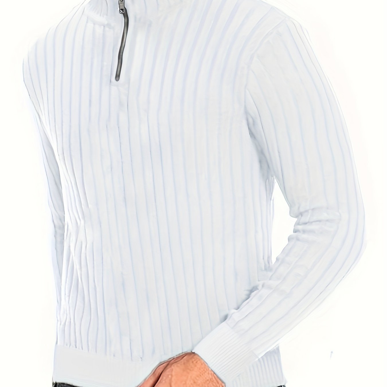 Men'S Casual Polyester Sweater, Solid Color, High Neck Quarter Zip, Long-Sleeved Pullover, Regular Fit, 100% Polyester Knit Fabric, 230g/m² - Fall/Winter Essential