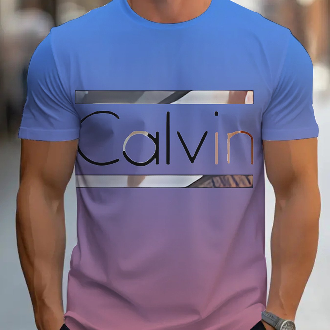 Men'S "Calvin" Graphic T-Shirt - Casual 3D Print Letter Tee with Geometric Design, Short Sleeve, Round Neck, Light Blue, Perfect for Summer, Everyday & Sportswear, Casual Wear Tee | Modern Casualwear | Comfortable Fit
