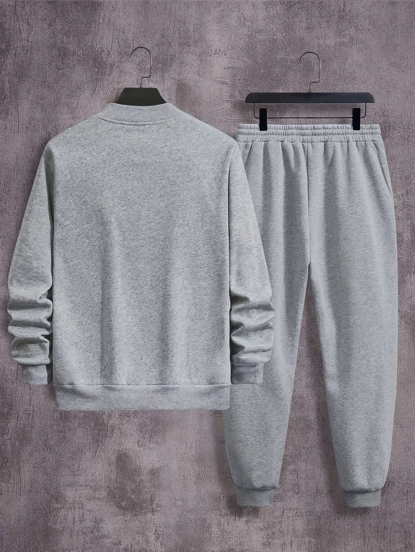 Men'S Casual Polyester Sweatsuit Set with Baseball Collar and Slight Stretch - Solid Color Long Sleeve Knit Fabric Track Suit for Fall/Winter