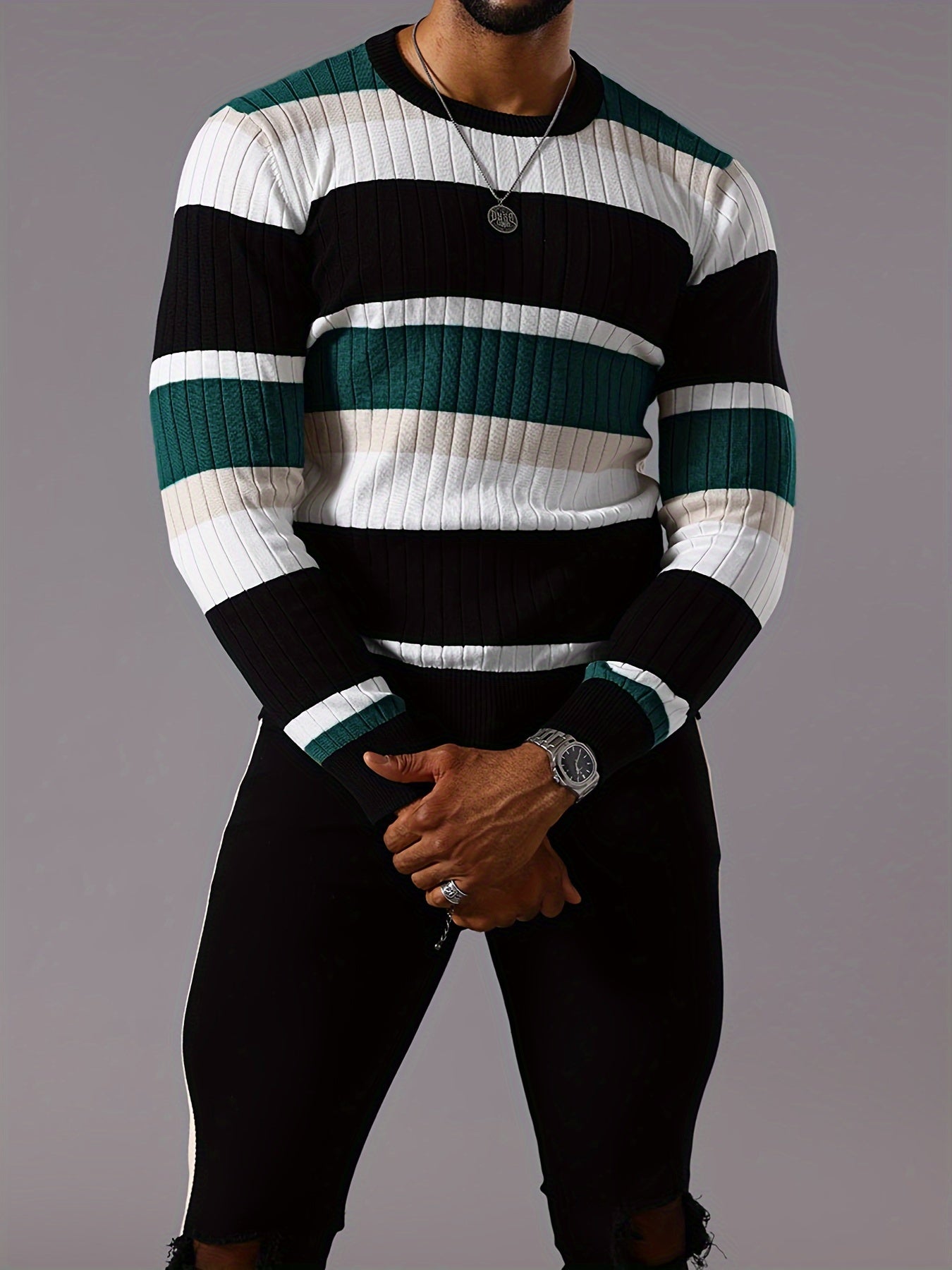 Men's Striped Color-Block Ribbed Knit Sweater - Long Sleeve Round Neck Pullover with Elastic Comfort Fit, Machine Washable Casual Fall Winter Top in Black/White/Green/Beige, Knit Sweater, Medium Elasticity
