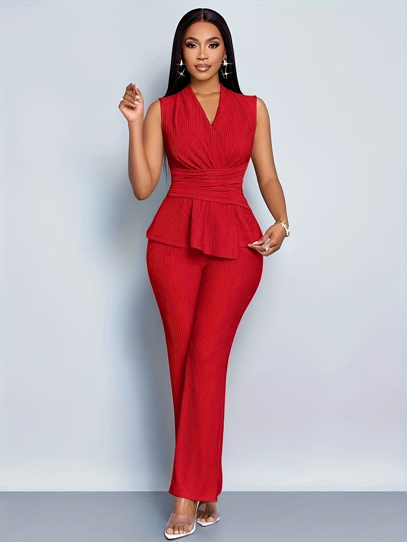 Women's Elegant V-Neck Sleeveless T-Shirt and Wide-Leg Pants Two-Piece Set, Asymmetrical Hem Casual Spring/Summer Outfit