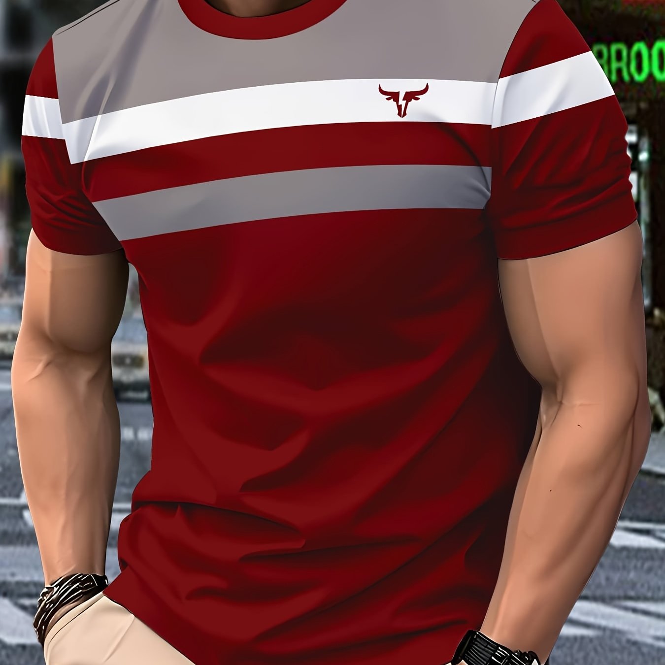 Men'S 3D Digital Print Short Sleeve T-Shirt - Vibrant Color Block Stripes & Bull Head Logo, Breathable Lightweight Fabric, Regular Fit All-Season Casual Top, Durable Urban Style Tee, Versatile Clothing, Modern Fashion, Comfor