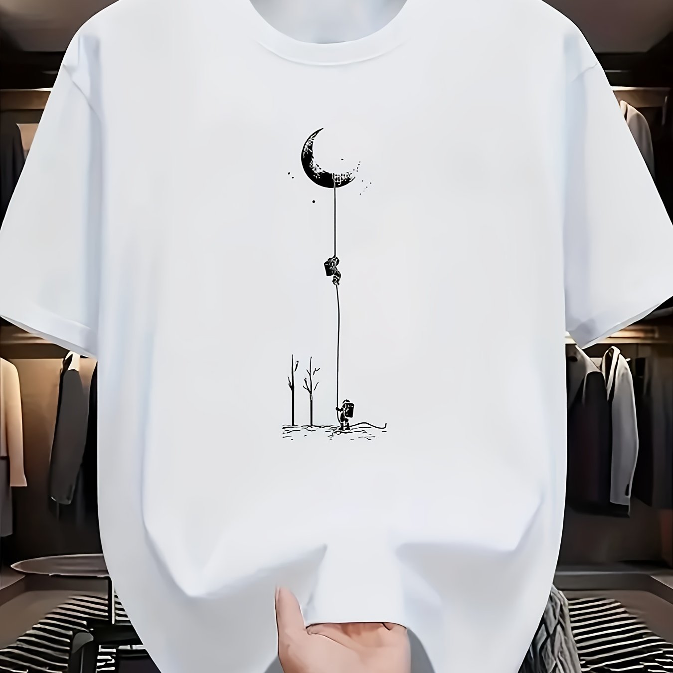 Men's Casual Graphic T-Shirt - Soft Polyester Blend, Crew Neck, Short Sleeve, Summer Style with Unique Moon and Figures Print, Lightweight and Comfortable for Casual Attire, Everyday Tshirt | Artistic Design Shirt | Lightweig