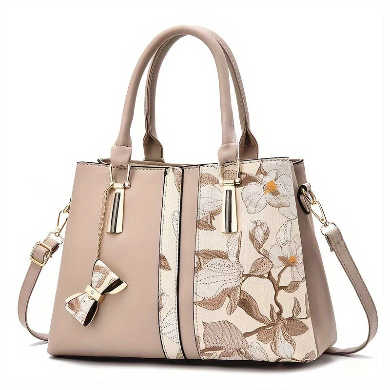 Elegant Floral Print Women's Handbag - Chic Colorblock Handbag with Zip Closure, Durable PU Material