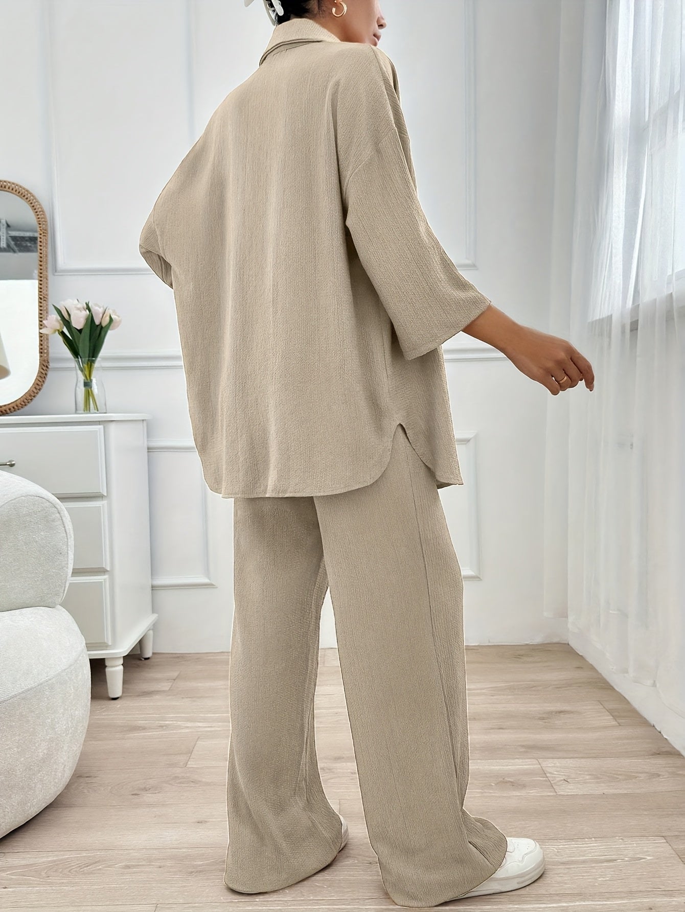 Women'S Elegant Two-Piece Beige Casual Suit - Cropped Top & Wide-Leg Pants with Pockets, Perfect for All Seasons, Stylish Home Attire|Casual Attire|Pocketed Pants
