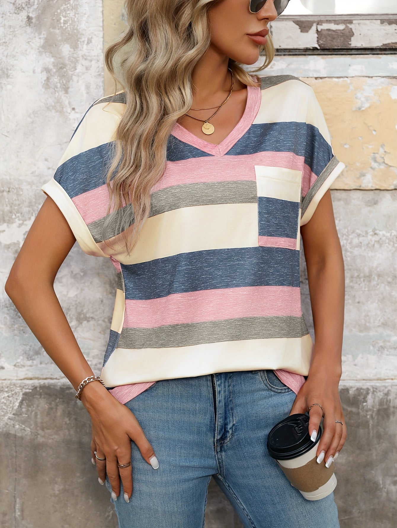 Women's Elegant Knit Striped Short Sleeve T-Shirt - Red & White Stripes on Navy Blue, 95% Polyester 5% Elastane Blend, Lightweight 180gsm Summer Casual Top, Machine Washable