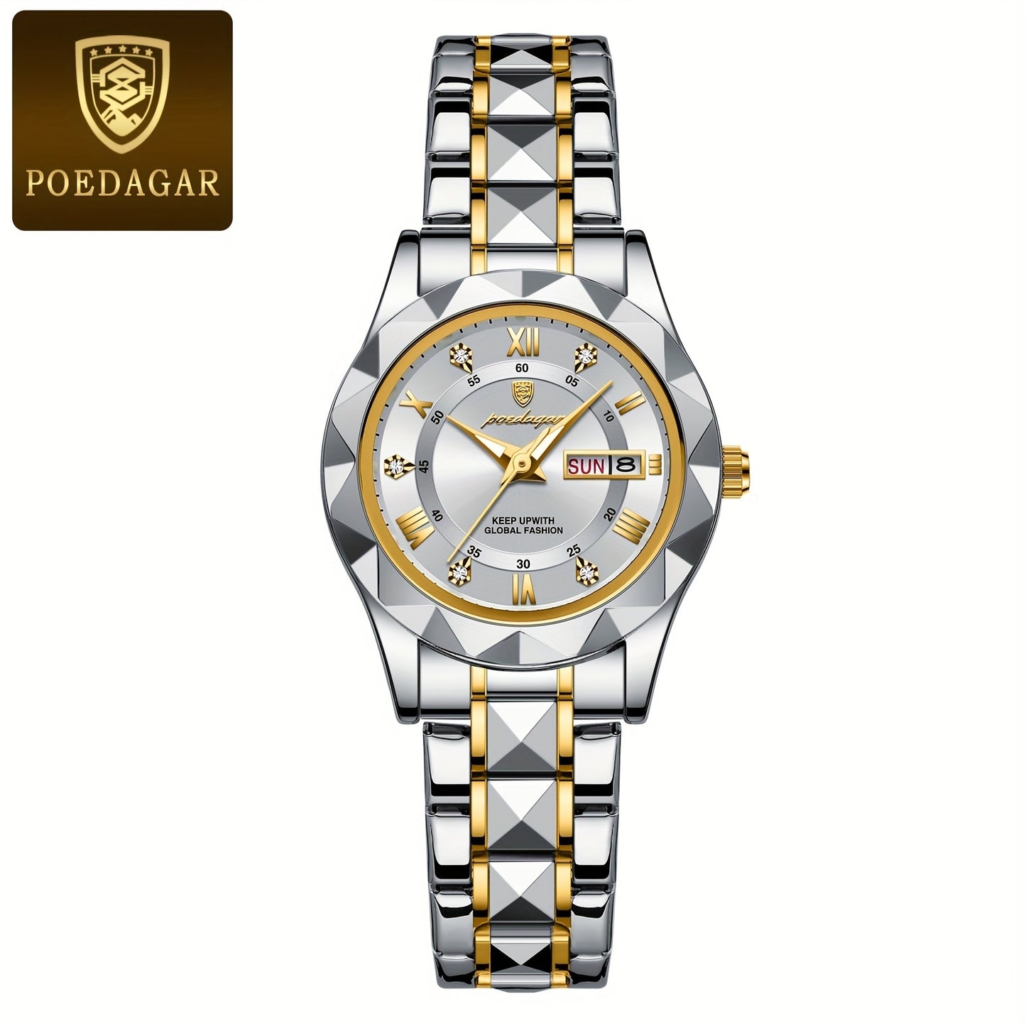 POEDAGAR 2023 New Women's Casual Quartz Watch - Stainless Steel Band, High Quality IPX7, Luminous Blue Dial with Roman Numerals, Date Display, Elegant Round Design for Casual Attire, Secure Clasp Closure