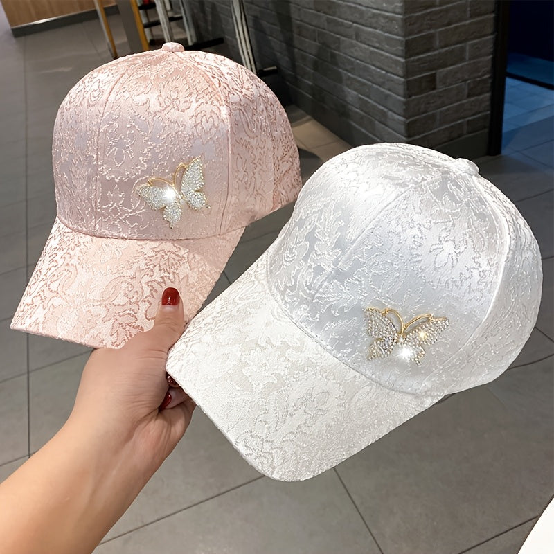 Stylish Rhinestone Butterfly Baseball Cap for Women - Lightweight, Adjustable, and Versatile Sun Hat with Lace Print Design, Perfect for Spring, Summer, and Fall, Casual Headwear | Butterfly Embellishment | Lightweight Hat