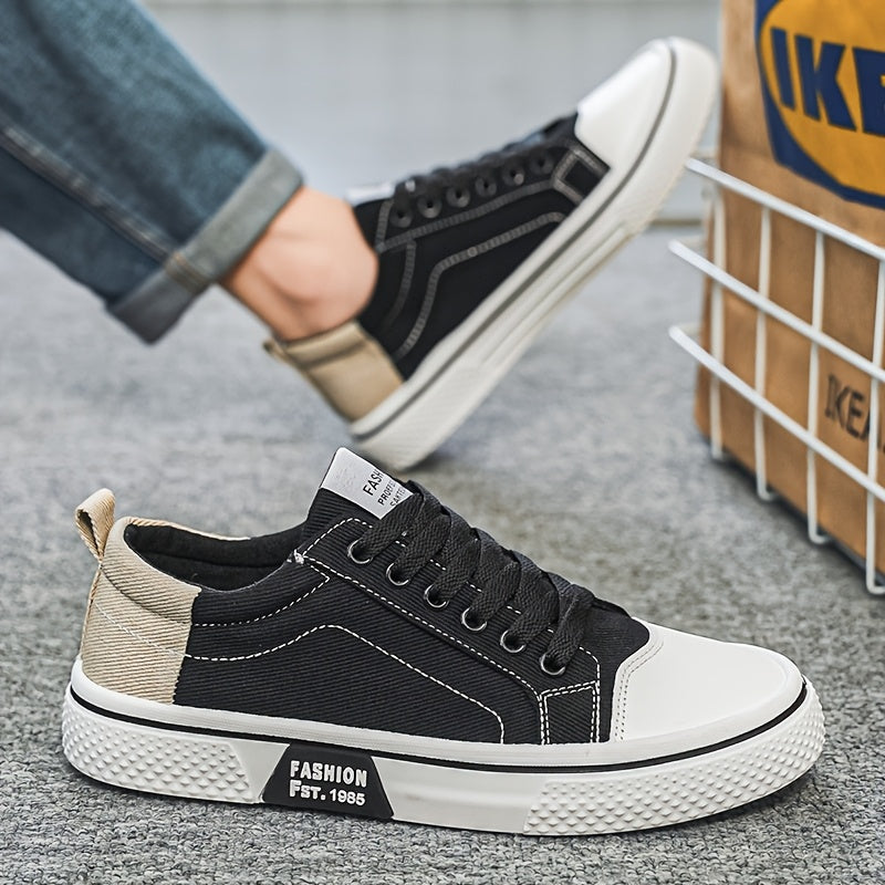 Men's Breathable Canvas Sneakers - Low-Top Lace-Up Skate Shoes, Fashionable Casual & Sporty Design with Green & Beige Color Block, Non-Slip PVC Sole for Casual Attire, Outdoor Sneakers | Laceup Closure | Stylish Lowtops