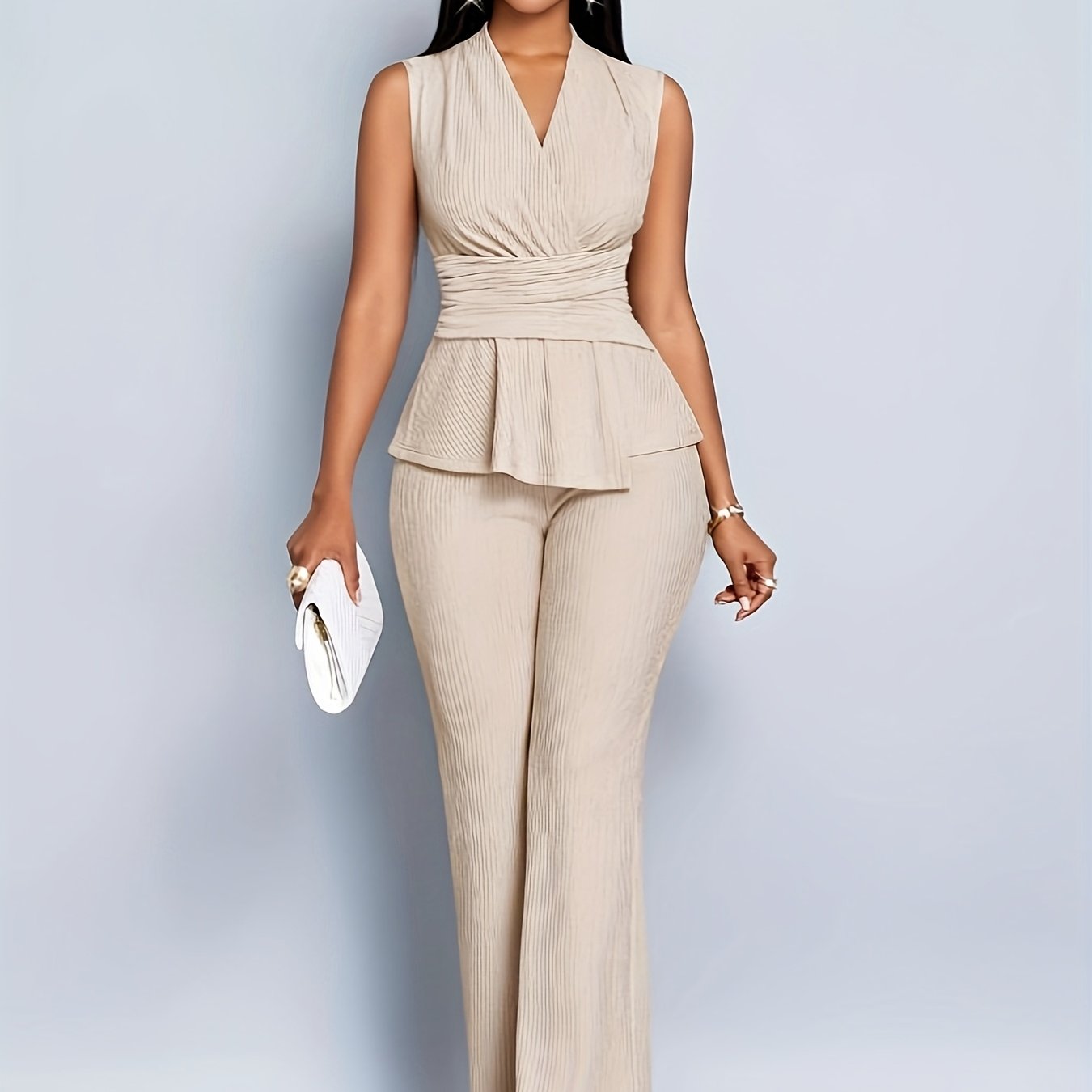 Chic V-Neck T-Shirt and Wide-Leg Pants Two-Piece Set with Asymmetrical Hem Casual Women's Spring and Summer Sleeveless Short-Sleeve Outfit