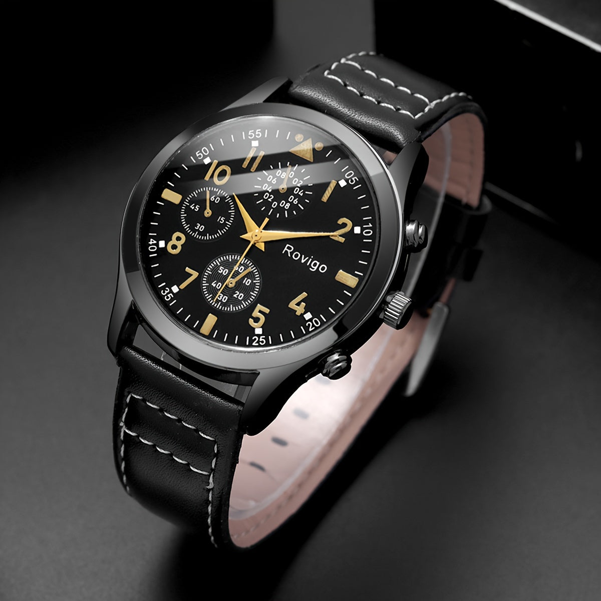 2pcs Men's Fashion Quartz Watch & Golden Dumbbell Beaded Bracelet Set - Casual Business Style, Faux Leather Strap, Alloy Case - Perfect Gift Box Included